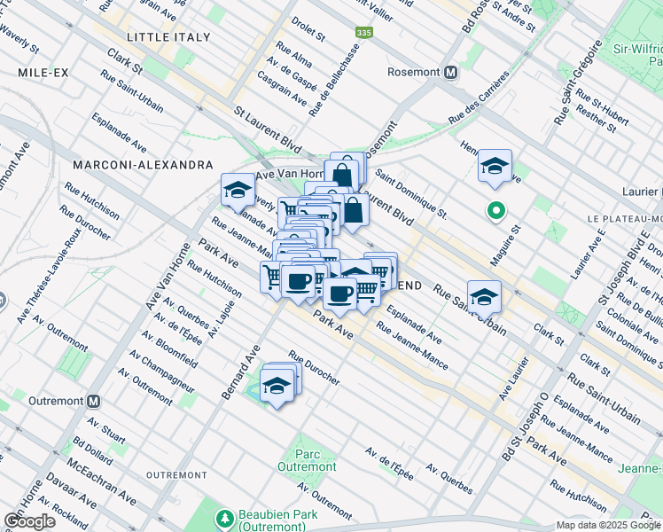 map of restaurants, bars, coffee shops, grocery stores, and more near 5725 Avenue de l'Esplanade in Montréal