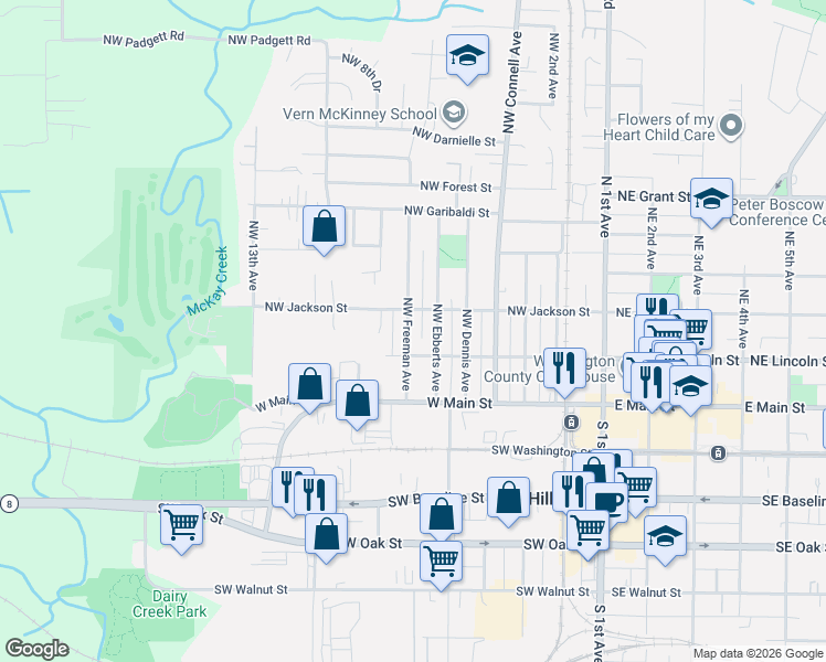 map of restaurants, bars, coffee shops, grocery stores, and more near 246 Northwest Freeman Avenue in Hillsboro