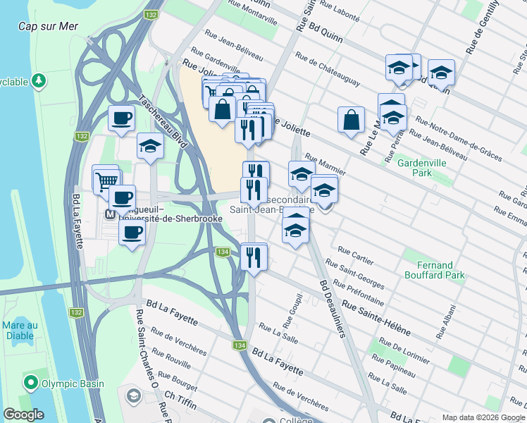 map of restaurants, bars, coffee shops, grocery stores, and more near 417 Rue Cartier in Longueuil