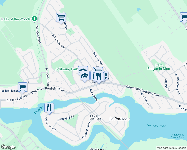 map of restaurants, bars, coffee shops, grocery stores, and more near 1271 Boulevard Jolibourg in Laval