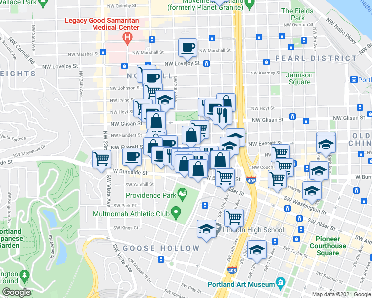 map of restaurants, bars, coffee shops, grocery stores, and more near 298 Northwest Trinity Place in Portland