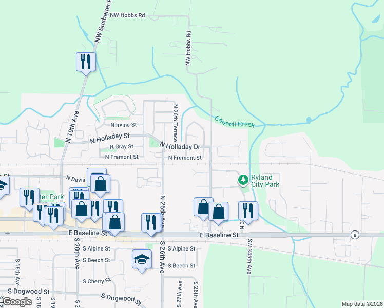 map of restaurants, bars, coffee shops, grocery stores, and more near 2725 North Holladay Drive in Cornelius
