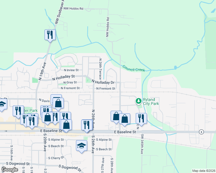 map of restaurants, bars, coffee shops, grocery stores, and more near 2725 North Holladay Drive in Cornelius