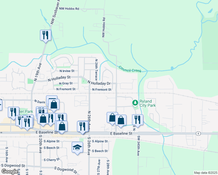 map of restaurants, bars, coffee shops, grocery stores, and more near 2725 North Holladay Drive in Cornelius