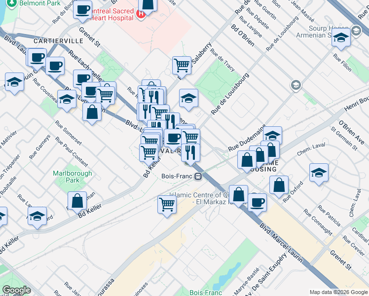map of restaurants, bars, coffee shops, grocery stores, and more near 12345 Boulevard Marcel-Laurin in Montréal