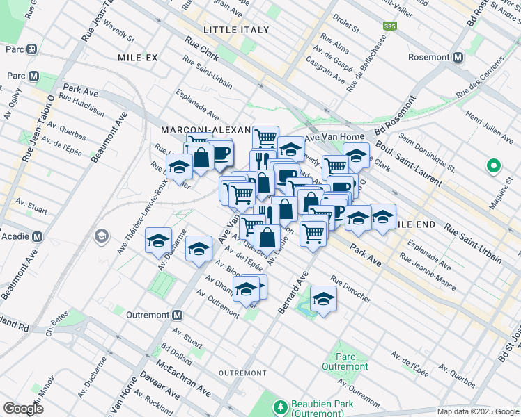 map of restaurants, bars, coffee shops, grocery stores, and more near 6095 Rue Hutchison in Montreal