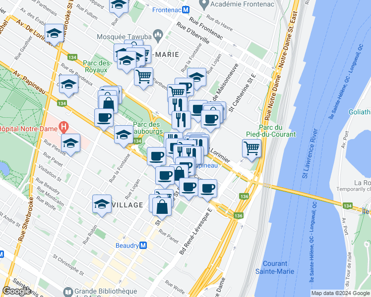 map of restaurants, bars, coffee shops, grocery stores, and more near 1998 Boulevard de Maisonneuve Est in Montréal