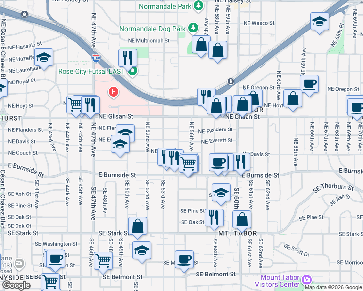 map of restaurants, bars, coffee shops, grocery stores, and more near 5510 Northeast Everett Street in Portland
