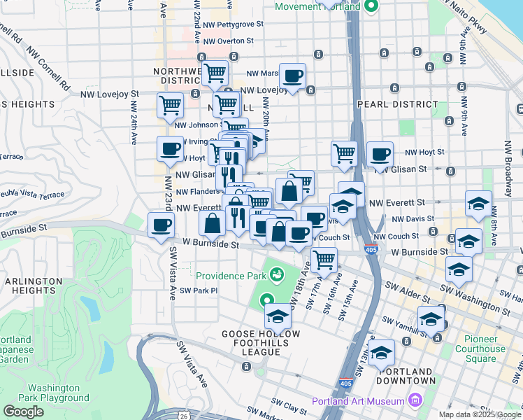 map of restaurants, bars, coffee shops, grocery stores, and more near 311 Northwest 20th Avenue in Portland