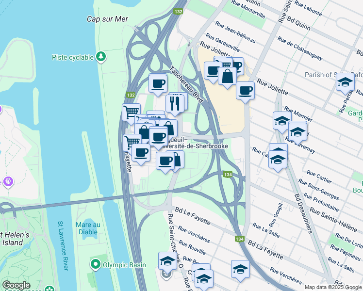 map of restaurants, bars, coffee shops, grocery stores, and more near 1000 Rue Saint-Charles Ouest in Longueuil