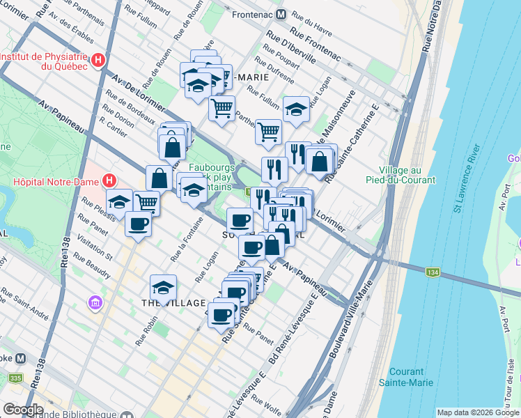 map of restaurants, bars, coffee shops, grocery stores, and more near 1593 Rue Dorion in Montréal