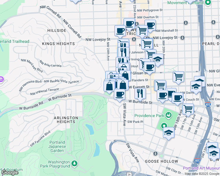 map of restaurants, bars, coffee shops, grocery stores, and more near 2351 Northwest Westover Road in Portland