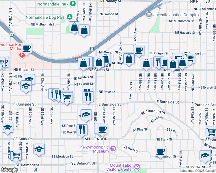 map of restaurants, bars, coffee shops, grocery stores, and more near 245 Northeast 61st Avenue in Portland