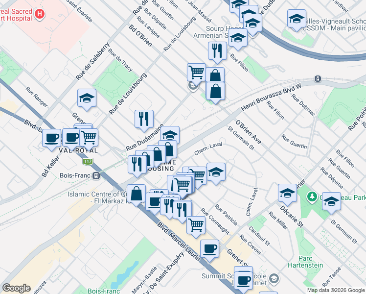 map of restaurants, bars, coffee shops, grocery stores, and more near 4445 Henri Bourassa Boulevard West in Montreal