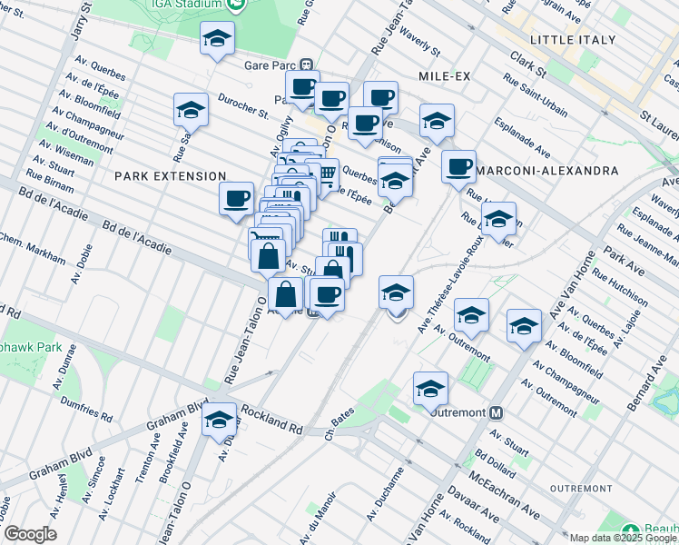 map of restaurants, bars, coffee shops, grocery stores, and more near 901 Avenue Beaumont in Montréal