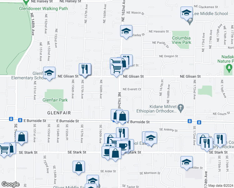 map of restaurants, bars, coffee shops, grocery stores, and more near 307 Northeast 162nd Avenue in Portland