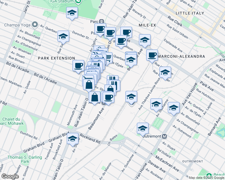 map of restaurants, bars, coffee shops, grocery stores, and more near 891 Avenue Beaumont in Montréal