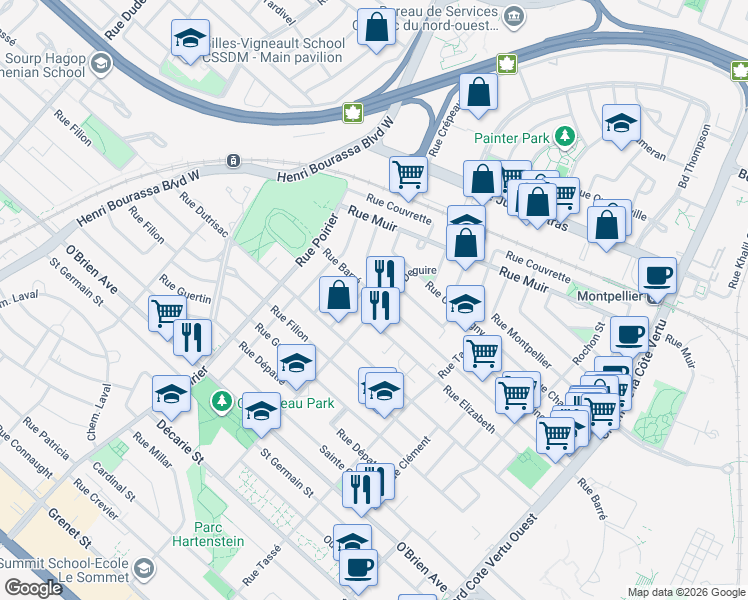 map of restaurants, bars, coffee shops, grocery stores, and more near 1622 Rue Barré in Montréal