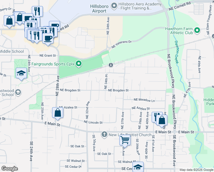 map of restaurants, bars, coffee shops, grocery stores, and more near 326 Northeast 34th Place in Hillsboro