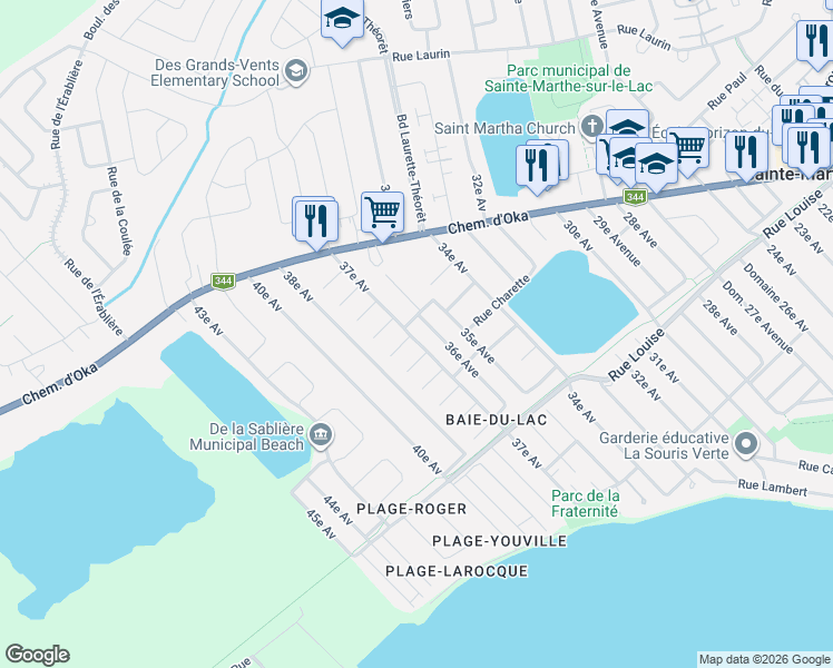 map of restaurants, bars, coffee shops, grocery stores, and more near 121 37e Avenue in Sainte-Marthe-sur-le-Lac