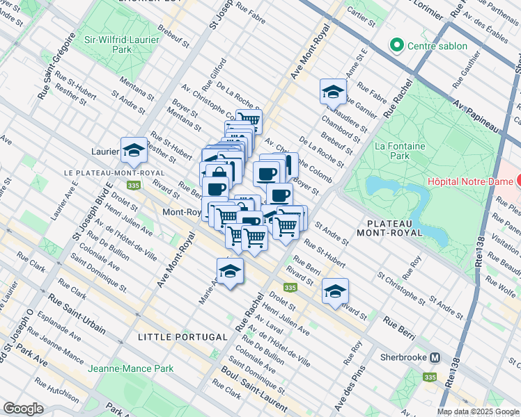 map of restaurants, bars, coffee shops, grocery stores, and more near 4355 Rue Saint-Hubert in Montréal