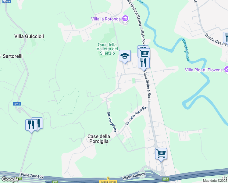 map of restaurants, bars, coffee shops, grocery stores, and more near Strada della Pergoletta in Vicenza