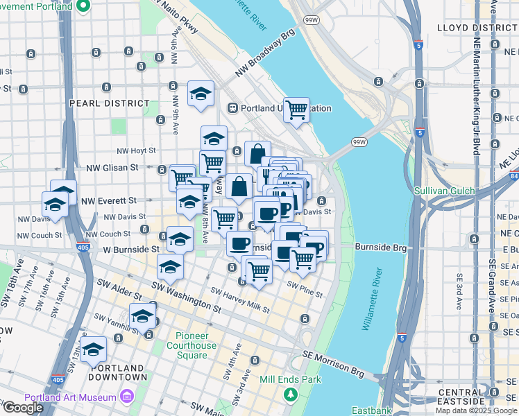 map of restaurants, bars, coffee shops, grocery stores, and more near 301 Northwest Everett Street in Portland