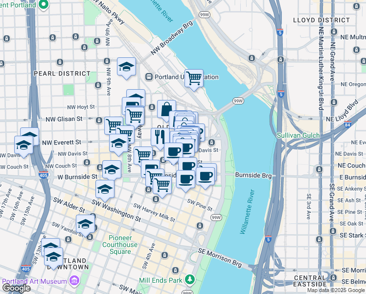 map of restaurants, bars, coffee shops, grocery stores, and more near 301 Northwest Everett Street in Portland