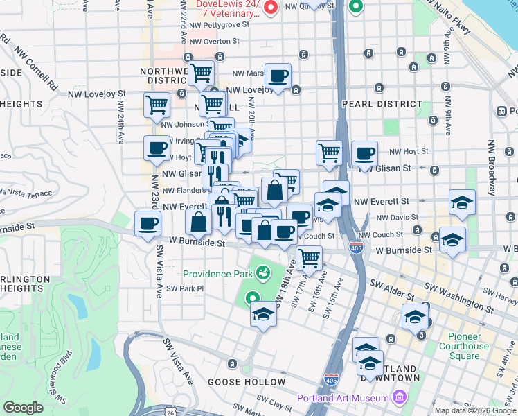 map of restaurants, bars, coffee shops, grocery stores, and more near 240 Northwest 20th Avenue in Portland