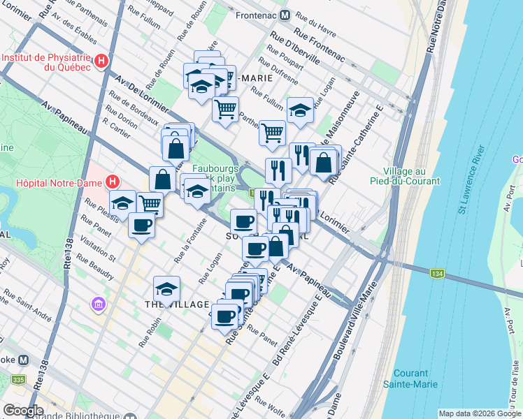 map of restaurants, bars, coffee shops, grocery stores, and more near 1601 Rue Dorion in Montréal