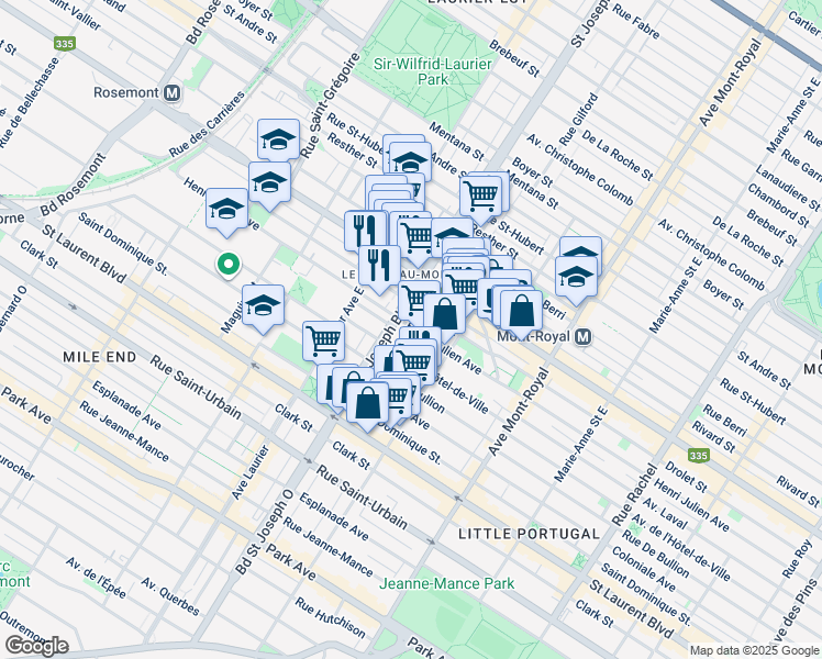map of restaurants, bars, coffee shops, grocery stores, and more near 4898 Avenue Henri-Julien in Montréal