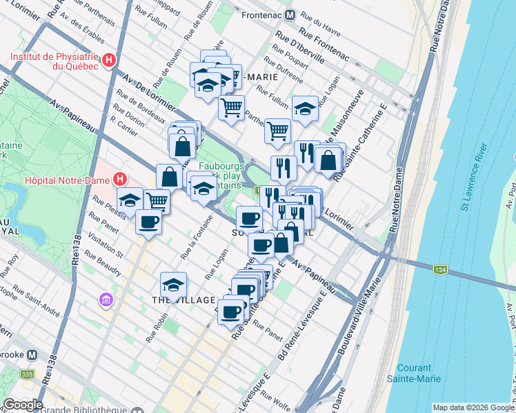 map of restaurants, bars, coffee shops, grocery stores, and more near 1640 Rue Dorion in Montréal