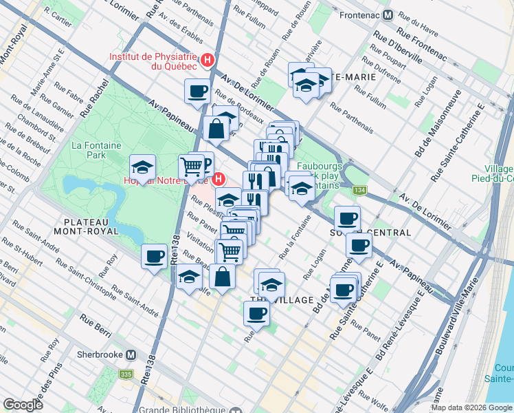 map of restaurants, bars, coffee shops, grocery stores, and more near 1573 Rue Ontario Est in Montréal