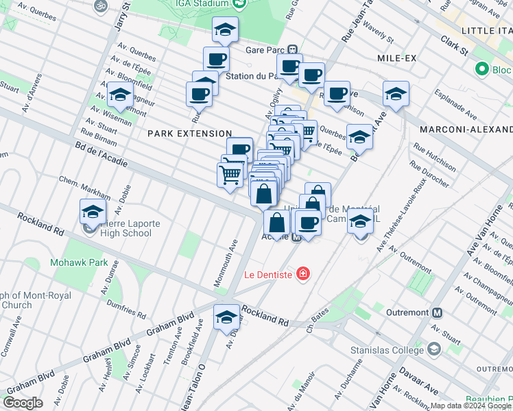 map of restaurants, bars, coffee shops, grocery stores, and more near 7220 Rue Birnam in Montréal