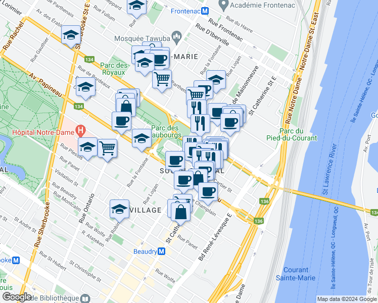 map of restaurants, bars, coffee shops, grocery stores, and more near 1601 Rue Dorion in Montréal