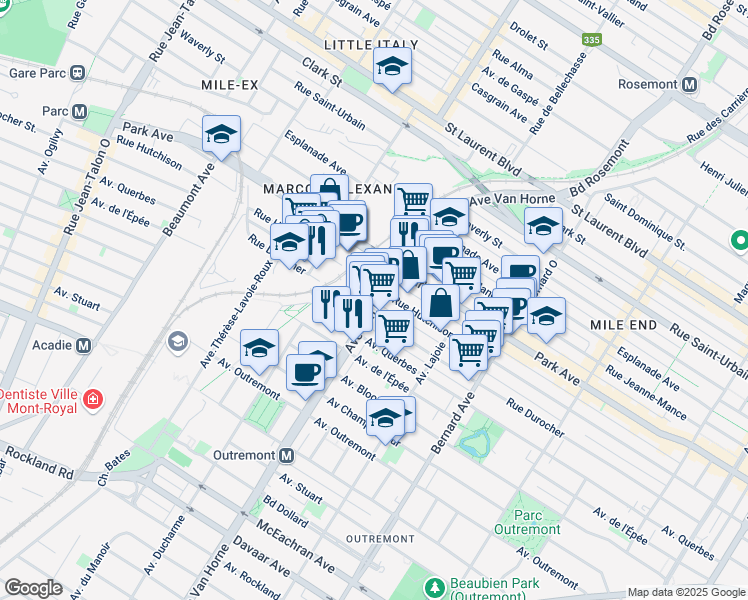 map of restaurants, bars, coffee shops, grocery stores, and more near 1040 Avenue Van Horne in Montréal