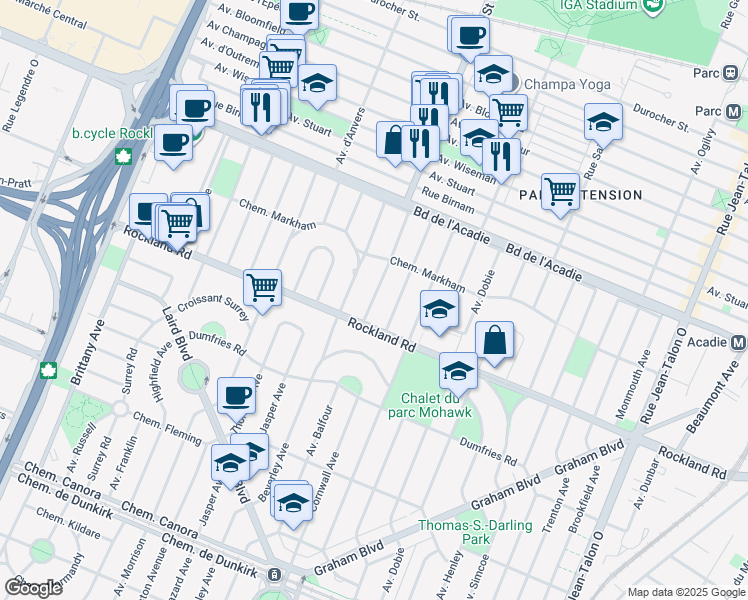 map of restaurants, bars, coffee shops, grocery stores, and more near 336 Avenue Leacross in Mount Royal