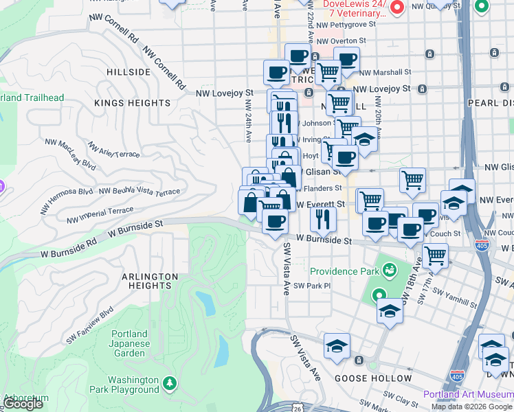 map of restaurants, bars, coffee shops, grocery stores, and more near 2351 Northwest Westover Road in Portland