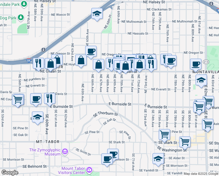 map of restaurants, bars, coffee shops, grocery stores, and more near 240 Northeast 68th Avenue in Portland