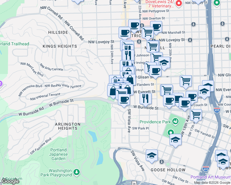 map of restaurants, bars, coffee shops, grocery stores, and more near 2351 Northwest Westover Road in Portland