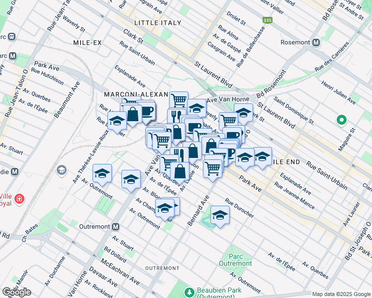 map of restaurants, bars, coffee shops, grocery stores, and more near 5998 Avenue du Parc in Montréal