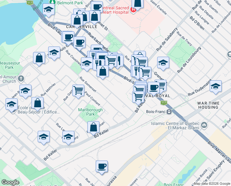 map of restaurants, bars, coffee shops, grocery stores, and more near 3059 Rue Cousineau in Montréal
