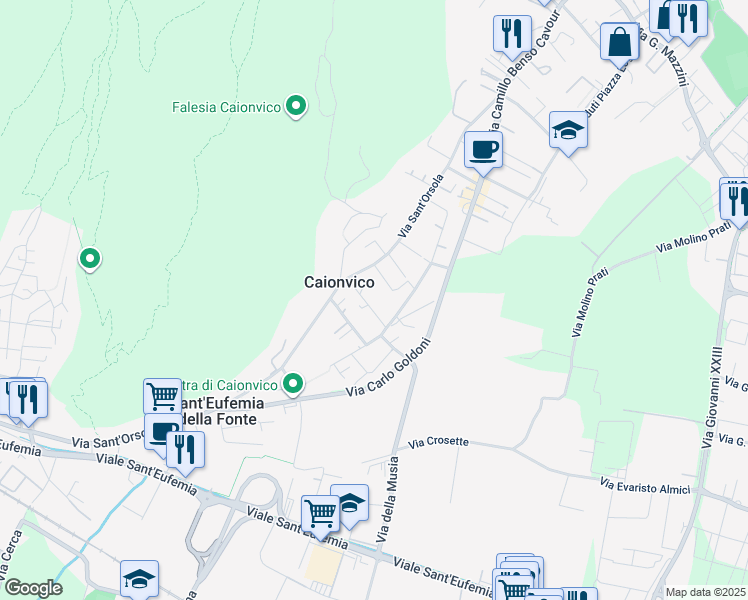 map of restaurants, bars, coffee shops, grocery stores, and more near 15 Via della Musia in Brescia