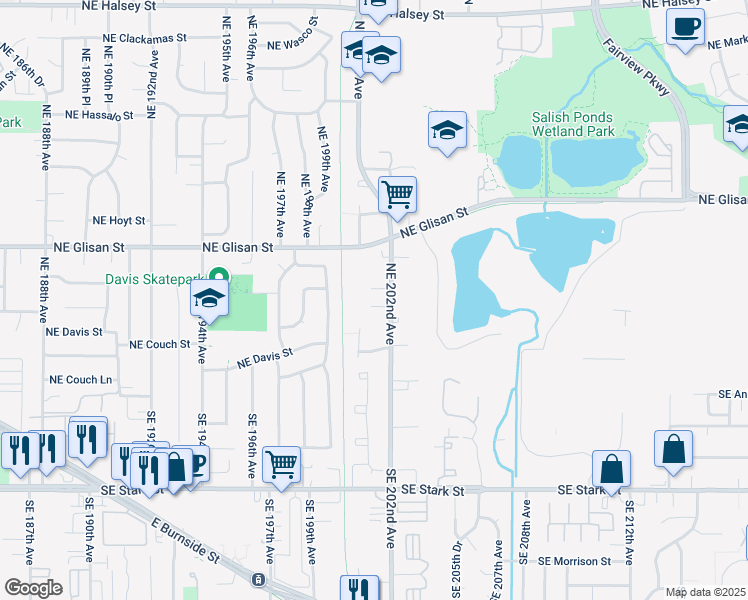 map of restaurants, bars, coffee shops, grocery stores, and more near 301 Northeast 202nd Avenue in Portland