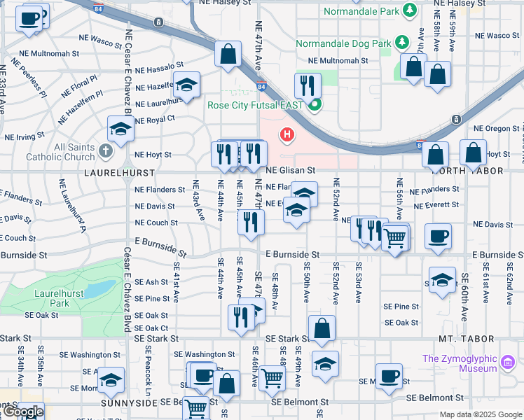 map of restaurants, bars, coffee shops, grocery stores, and more near 4726 Northeast Everett Street in Portland
