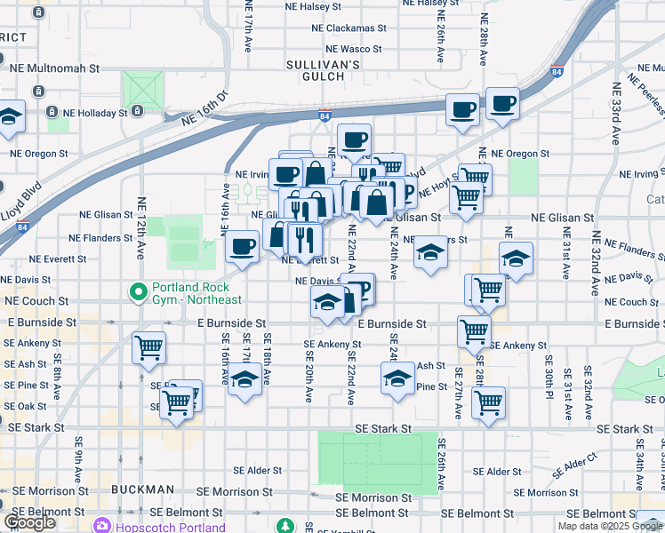 map of restaurants, bars, coffee shops, grocery stores, and more near 2100 Northeast Everett Street in Portland