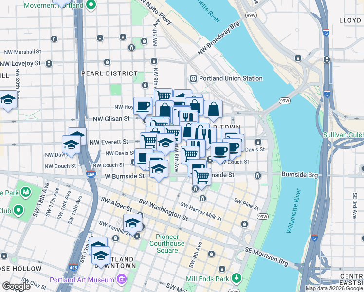 map of restaurants, bars, coffee shops, grocery stores, and more near 700 Northwest Everett Street in Portland