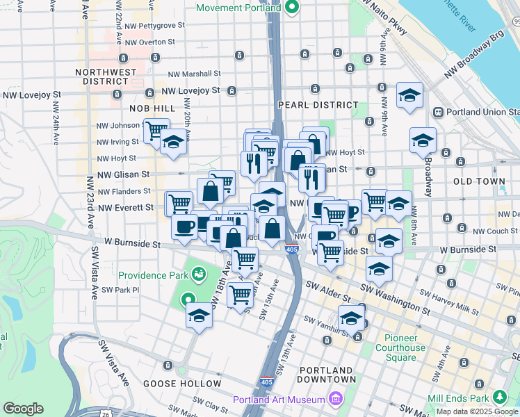 map of restaurants, bars, coffee shops, grocery stores, and more near 1631 Northwest Everett Street in Portland