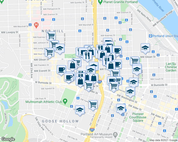 map of restaurants, bars, coffee shops, grocery stores, and more near 1631 Northwest Everett Street in Portland