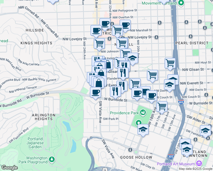 map of restaurants, bars, coffee shops, grocery stores, and more near 2229 Northwest Everett Street in Portland